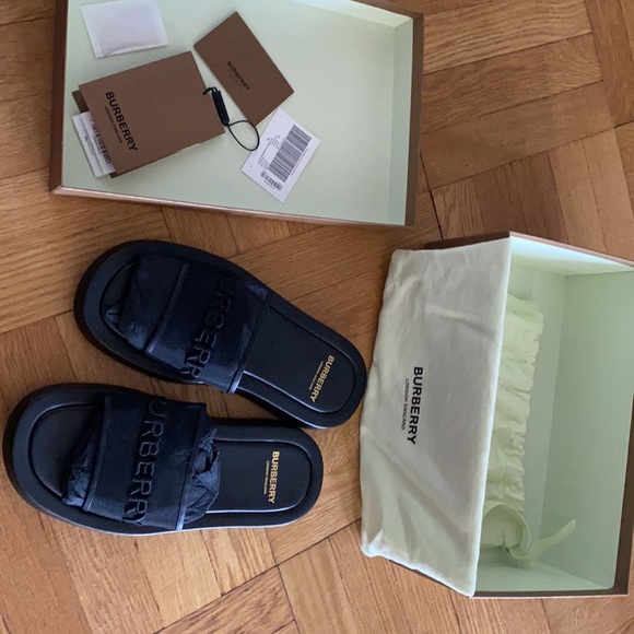 Burberry Embroidered Logo Mesh and Leather Slides - Picture 3 of 9